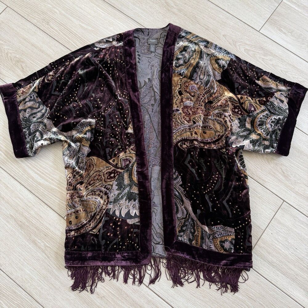 Chico's Travelers Paisley Velvet Burnout Kimono Cardigan Fringe Open Front S/M